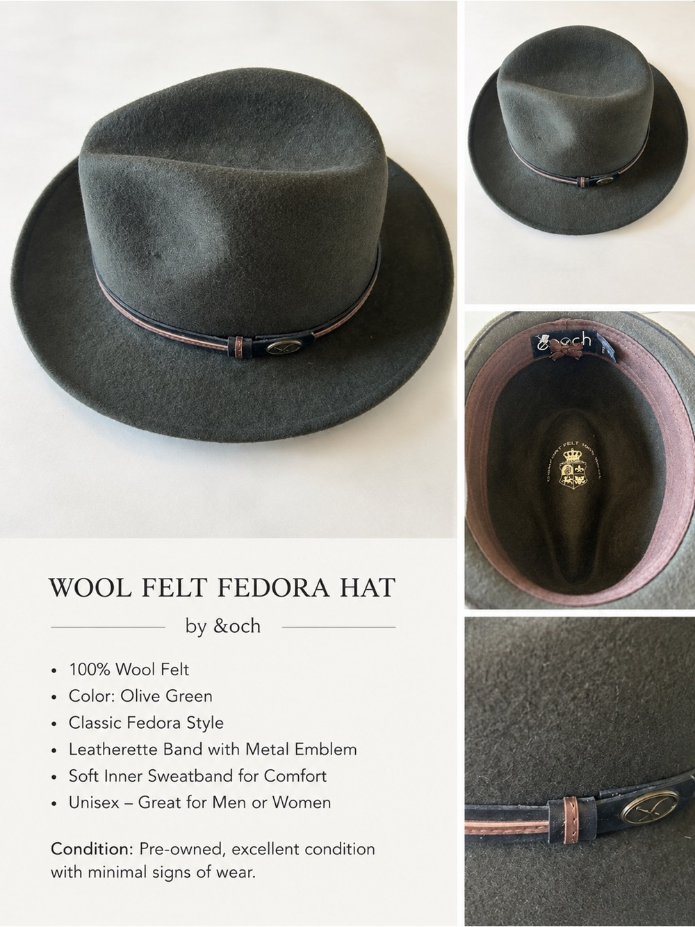 Epoch Olive 100% Wool Felt Fedora Hat Classic Wide Brim Unisex